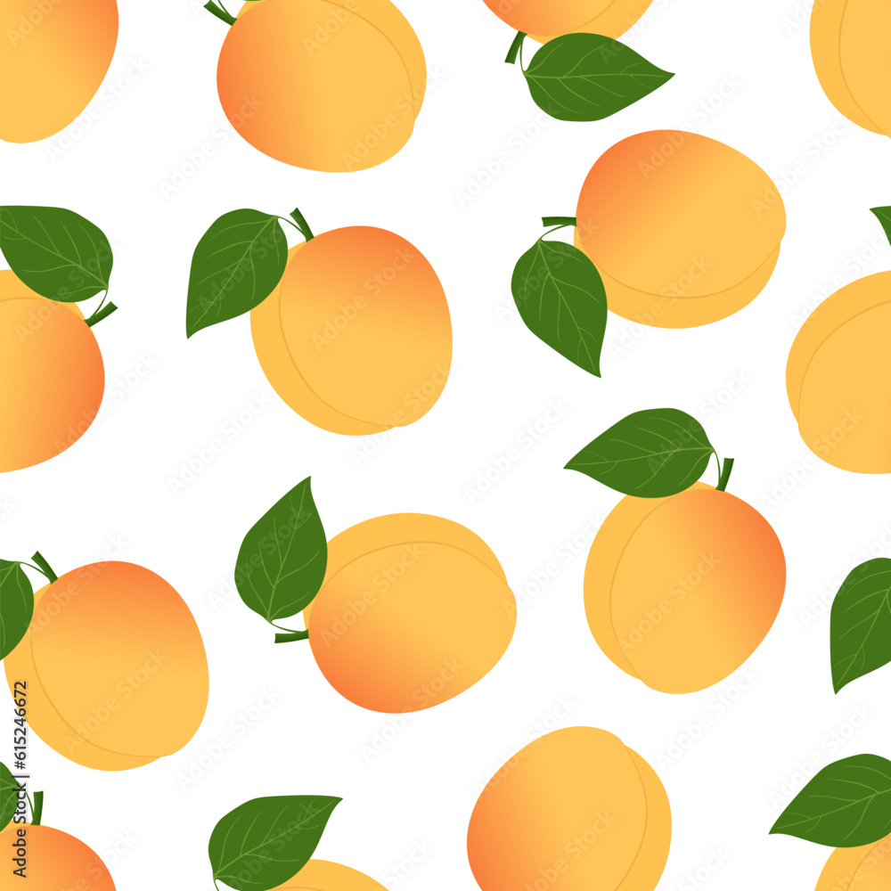 Apricot seamless pattern on white background. Endless or repeat texture with fresh summer apricot for fabric, wallpaper or wrapping paper. Vector illustration