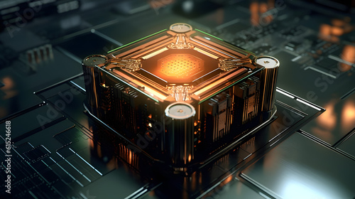 cpu mounted on a futuristic motherboard. Generative AI