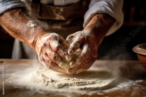 The baker's hands dusting flour on raw dough. Generative AI