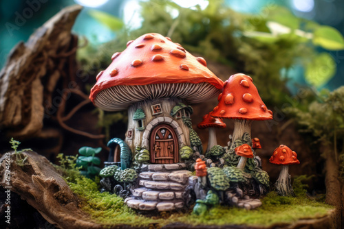 Miniature fairy house, mushroom design, resin decor, miniature model making. Generative AI