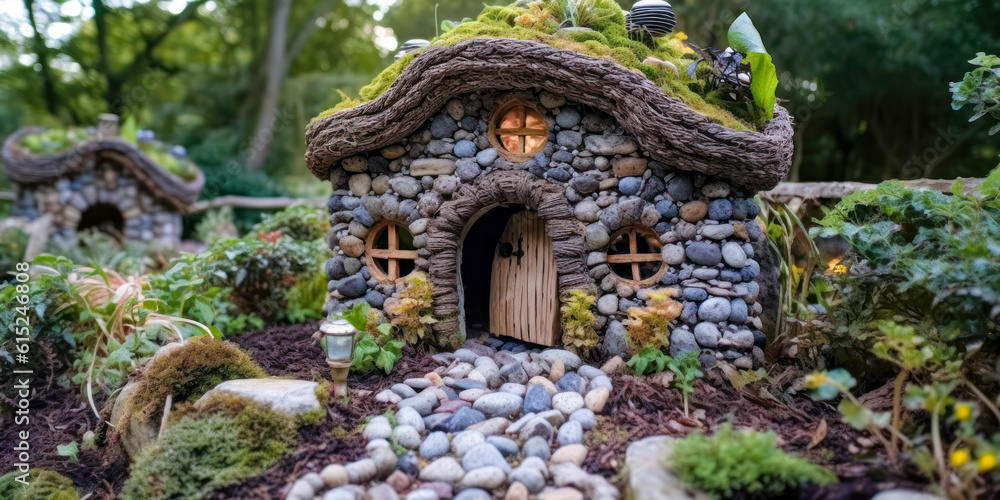 Miniature fairy house, stone, pebbles, resin decor, miniature model making. Generative AI Miniature fairy house, stone, pebbles, resin decor, miniature model making. Generative AI