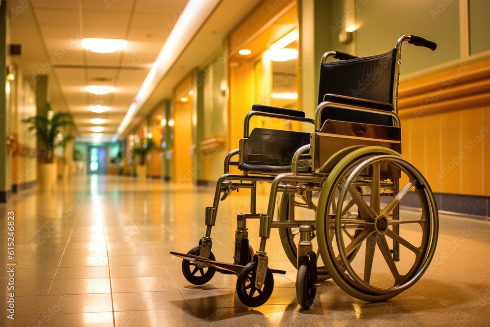 A close - up of an empty wheelchair in a modern hospital hallway. Generative AI