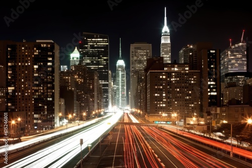 A cityscape at night  illuminated by the glow of city lights. Generative AI