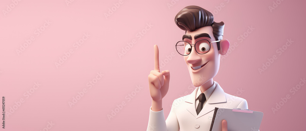 Young happy doctor in a white coat on a flat background with copy space for text.  Creative cartoon character doctor man, medical banner template. Generative AI 3d render illustration imitation. - obrazy, fototapety, plakaty 