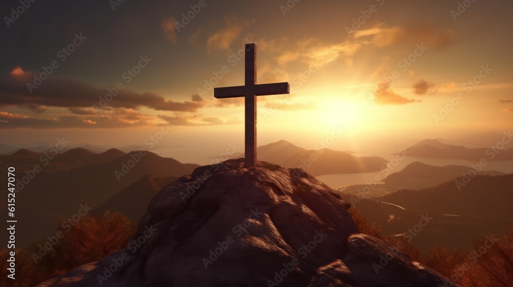 Illustration of a Cross Silhouetted on a Mountain Peak at Sunset Illustration of a Cross Silhouetted on a Mountain Peak at Sunset