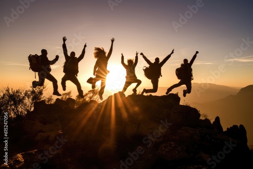 A dynamic shot of hikers at the peak of a mountain, their arms thrown up in joy. Generative AI
