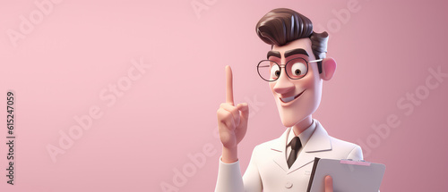 Young happy doctor in a white coat on a flat background with copy space for text. Creative cartoon character doctor man, medical banner template. Generative AI 3d render illustration imitation.