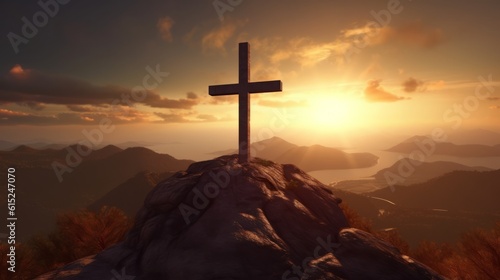 Illustration of a Cross Silhouetted on a Mountain Peak at Sunset