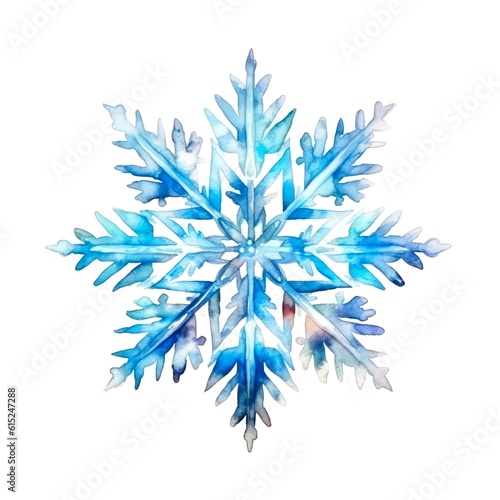 Watercolor illustration of a blue snowflake on white background. Generative AI.