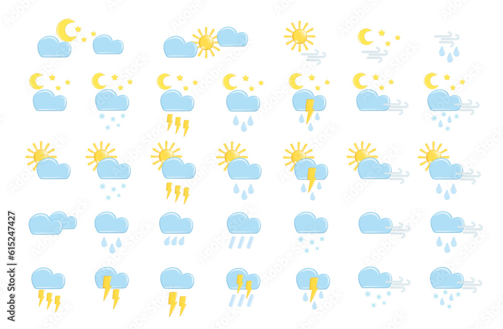 Obraz premium Realistic 3d design set of weather forecast elements, icon symbol, meteorology. Decorative 3d Sun, Moon, rain, cloud, star, snow, wind, lightning. Vector illustration isolated on a white background