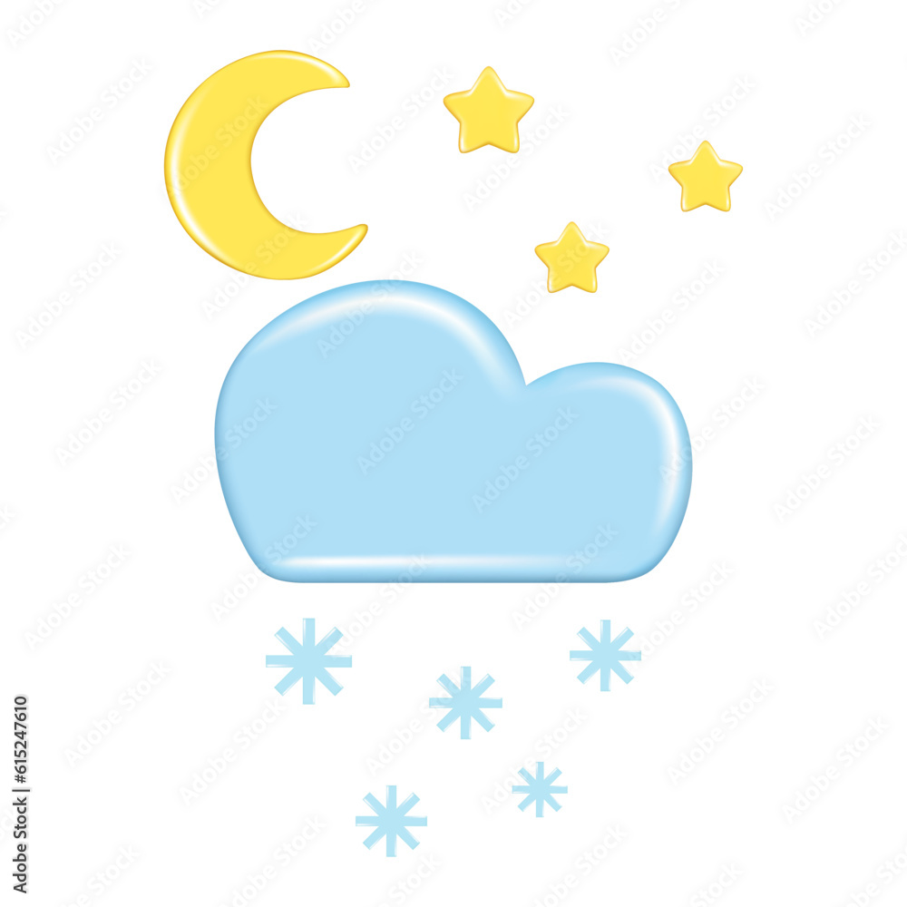 Realistic 3d design of weather forecast elements, icon symbol, meteorology. Decorative 3d golden Moon, star and blue cloud, snow. Cartoon vector illustration isolated on a white background Realistic 3d design of weather forecast elements, icon symbol, meteorology. Decorative 3d golden Moon, star and blue cloud, snow. Cartoon vector illustration isolated on a white background