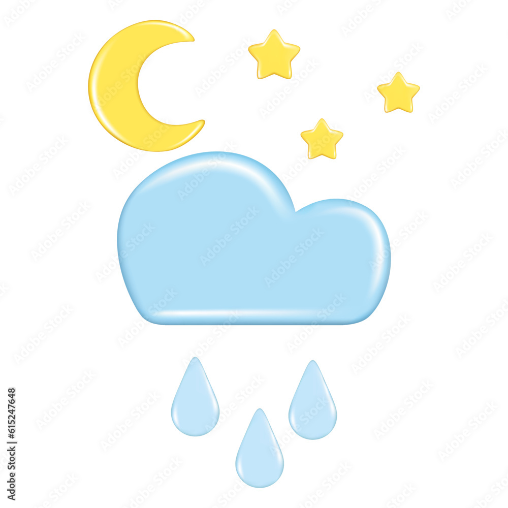 Realistic 3d design of weather forecast elements, icon symbol, meteorology. Decorative cute 3d golden Moon, star and blue cloud, rain. Cartoon vector illustration isolated on a white background Realistic 3d design of weather forecast elements, icon symbol, meteorology. Decorative cute 3d golden Moon, star and blue cloud, rain. Cartoon vector illustration isolated on a white background