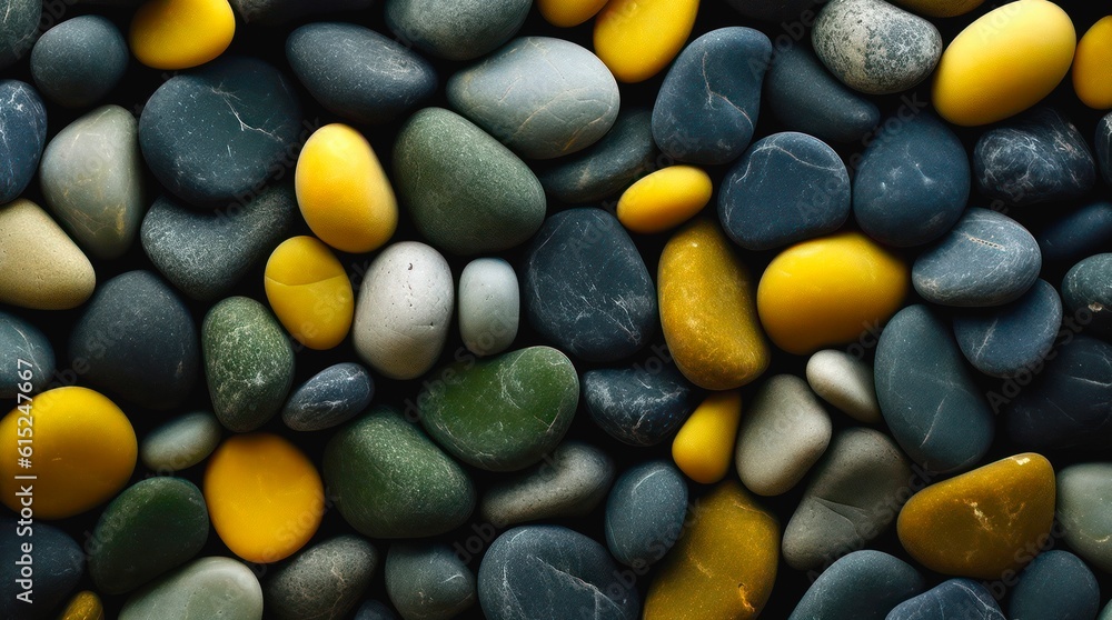 Blue and yellow pebbles background. Smooth stones texture. Generative AI. Blue and yellow pebbles background. Smooth stones texture. Generative AI.