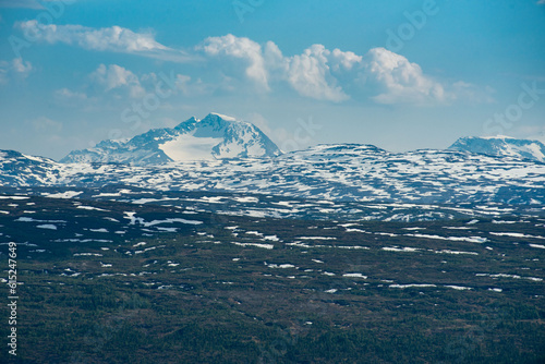 Mountain view from Risfjellet, Mo i Rana, Norway. Norwegian mountain landscape in early summer with snow on the high mountain peaks. Pine trees and high altitude. Mountain lake, fjord. Blue and green. photo