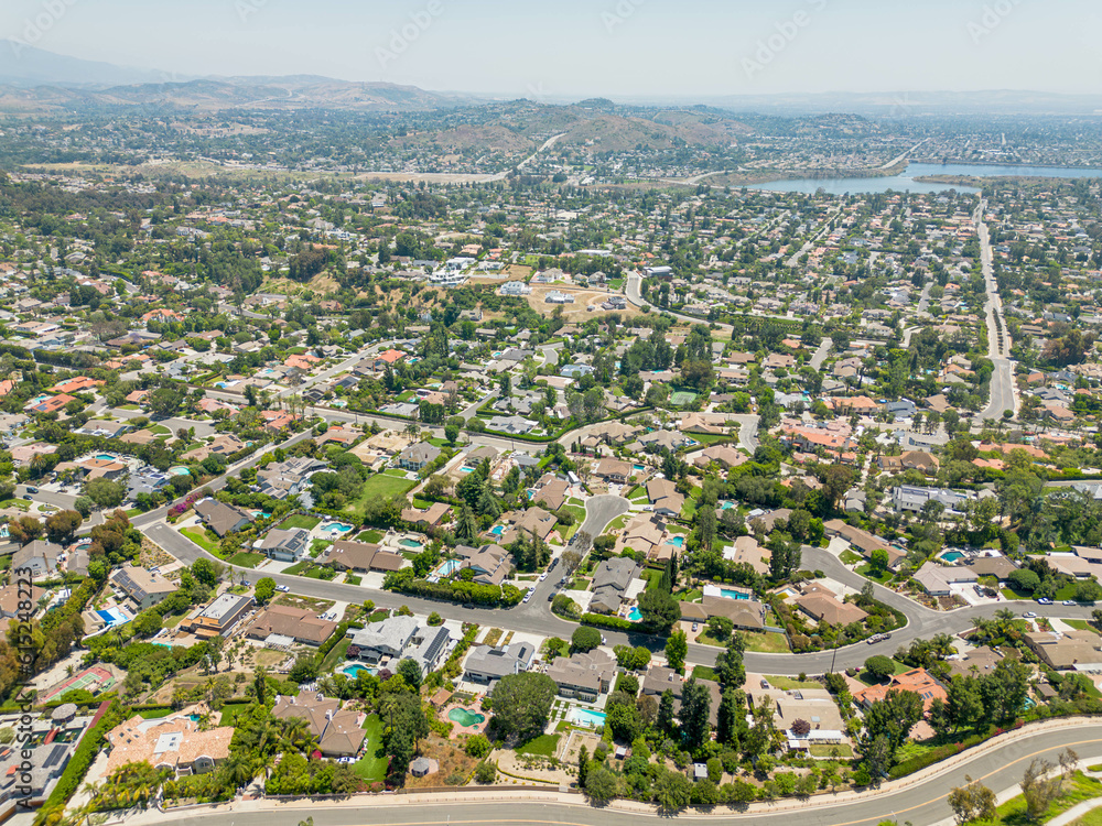Orange, California - June 17, 2023: aerial drone photo view toward Orange in Orange County including Villa Park, Orange Hills, Meats Ave, Cannon St, Taft Ave
