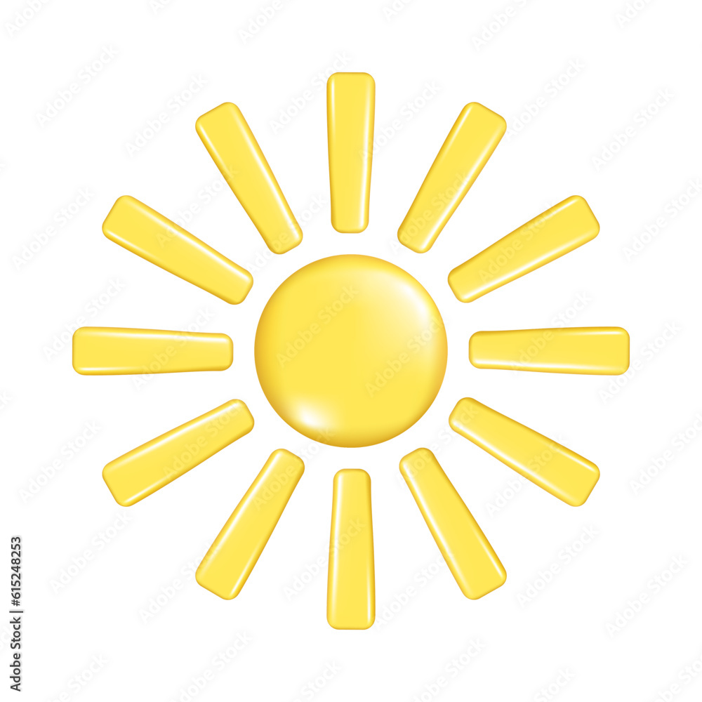 Hand drawn yellow realistic 3d Sun with rays. Decorative 3d design of weather forecast element, icon symbol, meteorology. Abstract vector illustration isolated on white background Hand drawn yellow realistic 3d Sun with rays. Decorative 3d design of weather forecast element, icon symbol, meteorology. Abstract vector illustration isolated on white background