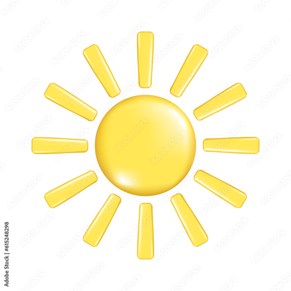 Hand drawn yellow realistic 3d Sun with rays. Decorative 3d design of weather forecast element, icon symbol, meteorology. Abstract vector illustration isolated on white background Hand drawn yellow realistic 3d Sun with rays. Decorative 3d design of weather forecast element, icon symbol, meteorology. Abstract vector illustration isolated on white background
