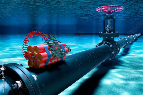 Bilde på lerret Pipeline lying with bomb on ocean bottom underwater. 3D rendering