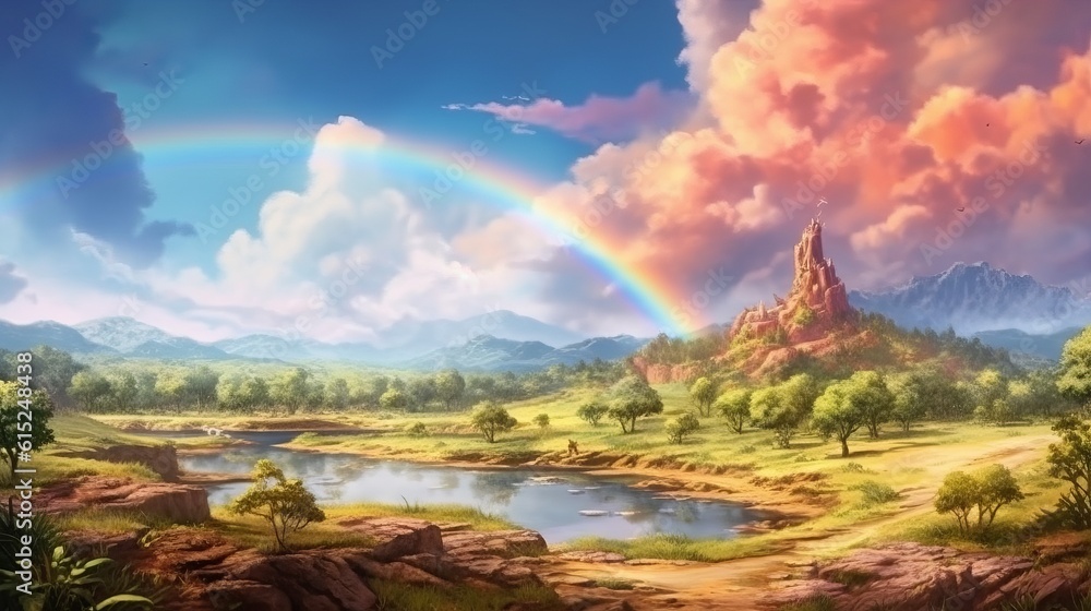 Fantasy landscape with a rainbow in the cloudy sky