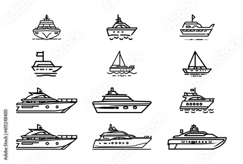 Yacht, icon set. yachts motor boats, linear icons. Boat Icon Vector Illustration. Thin line style vector. White background. eps 10