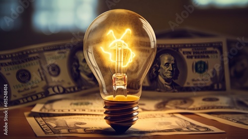 Illustration of a lightbulb with a stack of cash dollars on a table
