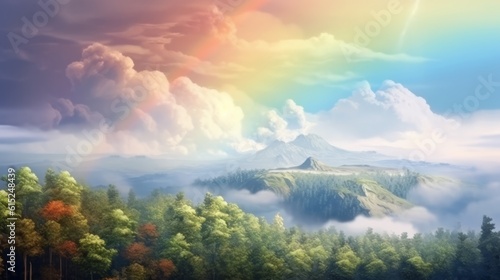 Fantasy landscape with a rainbow in the cloudy sky