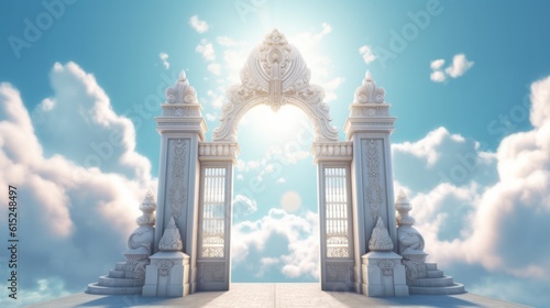 Illustration of a grand gate in the midst of a cloudy sky