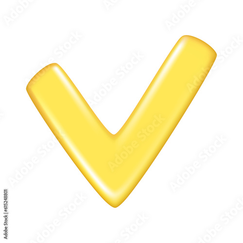 Realistic 3d yellow check or correct sign. Decorative 3d accept element, correct symbol, check approve icon. Abstract vector illustration isolated on a white background