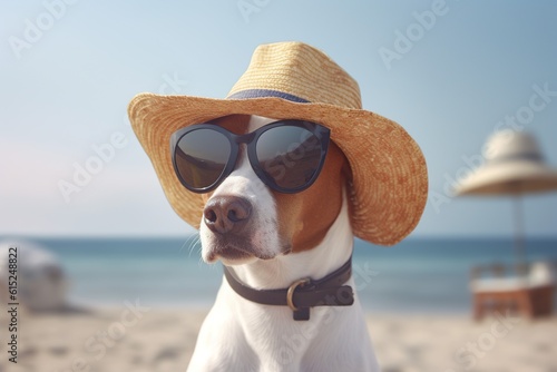 Dog dressed in a sunhat and sunglasses at the beach,Generative ai 