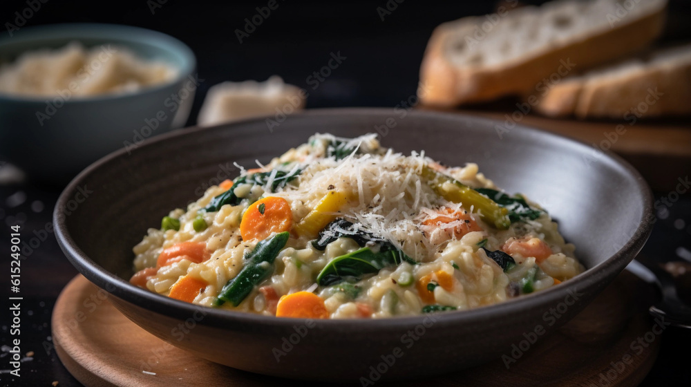 A bowl of creamy and fragrant risotto, studded with seasonal vegetables and Parmesan cheese