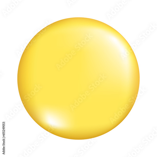 Realistic 3d yellow round sphere shape. Decorative spherical 3d element, ball icon, geometric circle symbol. Abstract vector illustration isolated on a white background