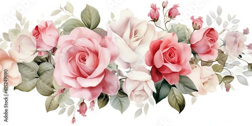 pink, white and green watercolor rose illustration Generative AI