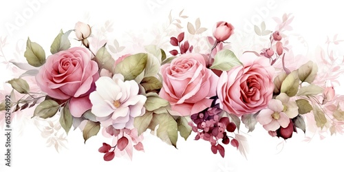pink and white watercolor roses border Generative AI