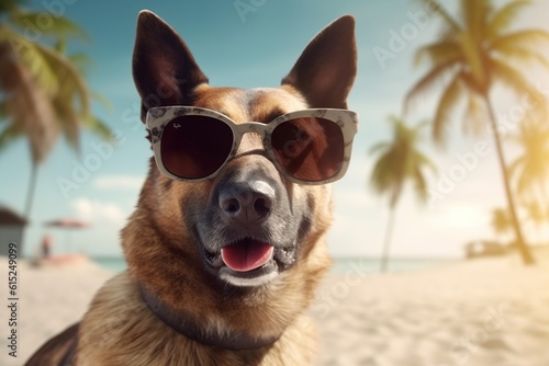 Dog on the beach wearing sunglasses, tropical beach background,Generative ai © dhiyaeddine