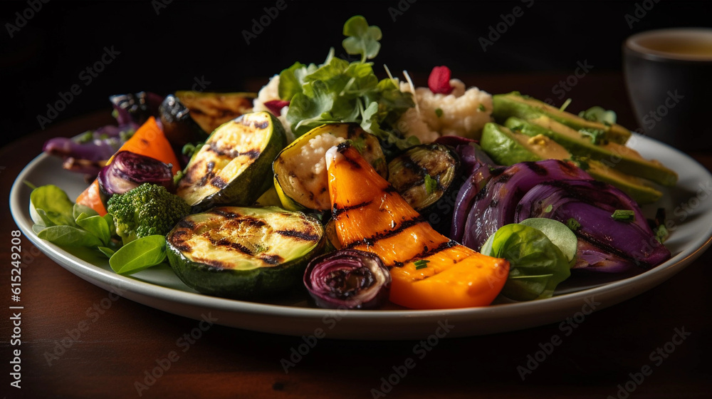 A plate of mouthwatering grilled vegetables, showcasing an array of colors and flavors A plate of mouthwatering grilled vegetables, showcasing an array of colors and flavors