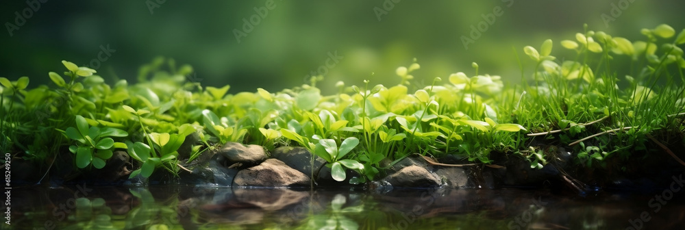 Beautiful spring detailed close up stream of fresh water with young green plants, Horizontal banner, springtime concept, Abstract outdoor wild nature background, Generative AI Beautiful spring detailed close up stream of fresh water with young green plants, Horizontal banner, springtime concept, Abstract outdoor wild nature background, Generative AI