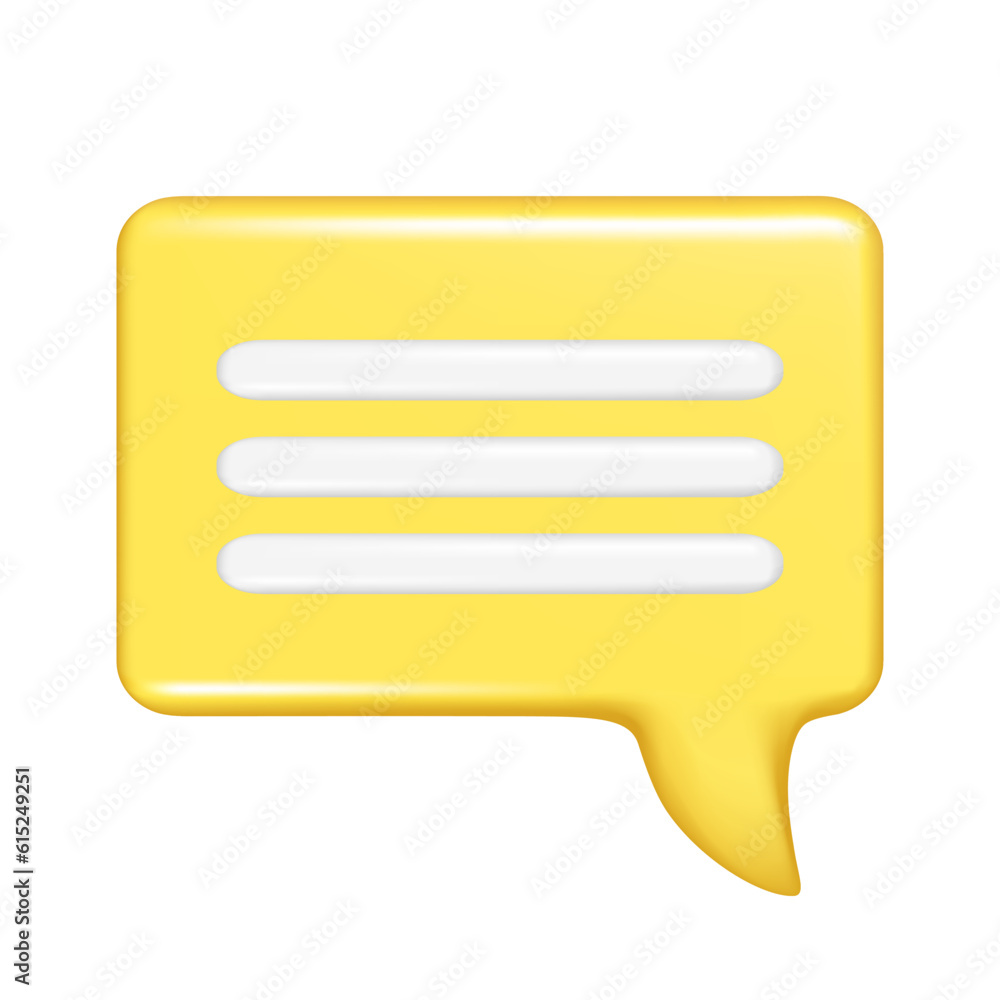 Realistic 3d speech bubble text, message box, chatting box with white lines. Decorative 3d element, chat dialogue icon, speak bubble symbol. Vector illustration isolated on white background
