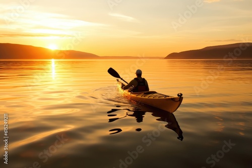 A tranquil and golden sunset kayaking experience. Generative AI