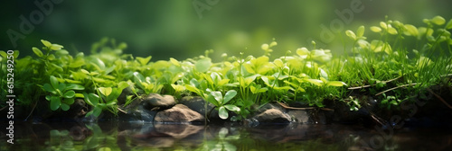 Beautiful spring detailed close up stream of fresh water with young green plants, Horizontal banner, springtime concept, Abstract outdoor wild nature background, Generative AI