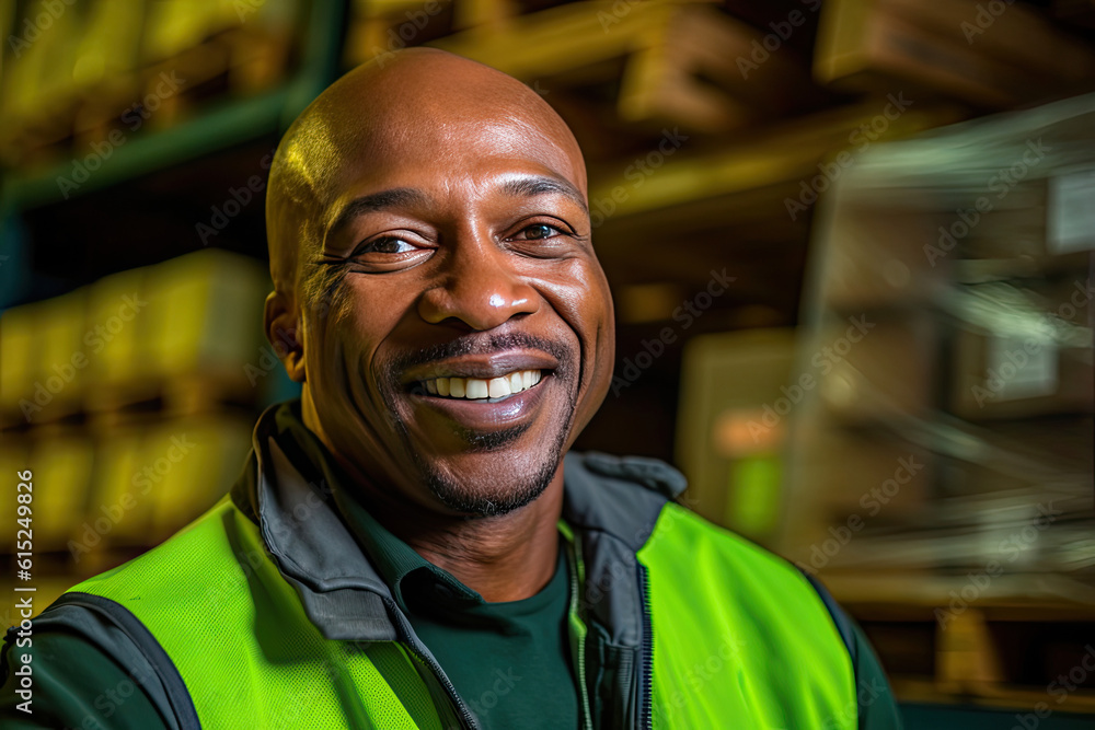 Fototapeta premium Warehouse Worker's Face Amidst Blurred Shelves. Generative AI