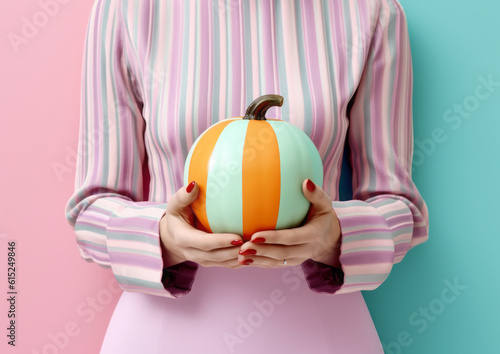 A woman in a dress is holding a colorful pumpkin like a gift against pastel background. Minimal thanksgiving day concept