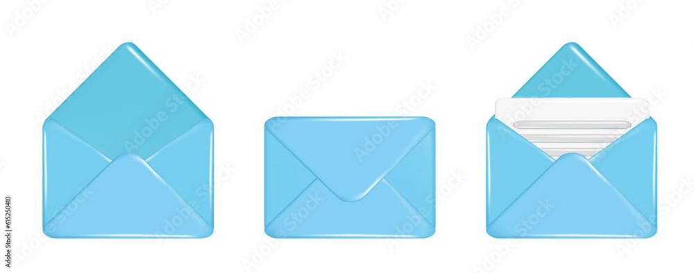 Realistic 3d blue sealed mail envelope, open mail envelope and postal sheet of paper. Decorative 3d postal letter element, mail icon, postal symbol. Vector illustration isolated on white background Realistic 3d blue sealed mail envelope, open mail envelope and postal sheet of paper. Decorative 3d postal letter element, mail icon, postal symbol. Vector illustration isolated on white background