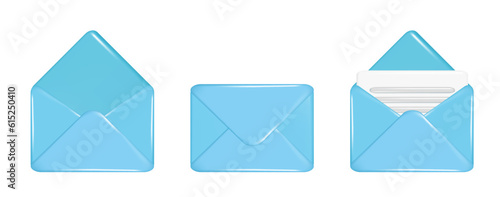 Realistic 3d blue sealed mail envelope, open mail envelope and postal sheet of paper. Decorative 3d postal letter element, mail icon, postal symbol. Vector illustration isolated on white background