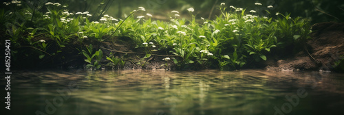 Beautiful spring detailed close up stream of fresh water with young green plants  Horizontal banner  springtime concept  Abstract outdoor wild nature background  Generative AI