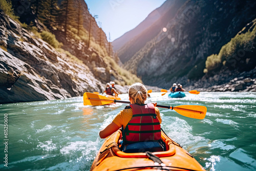 Kayaking Adventure: Friends Embrace the Thrill of the Rapids. Generative AI © Andrii 