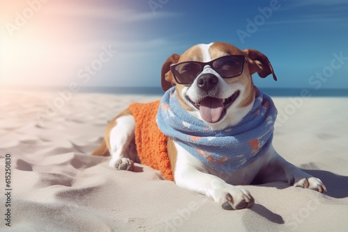 Dog on the beach wearing sunglasses, tropical beach background,Generative ai © dhiyaeddine
