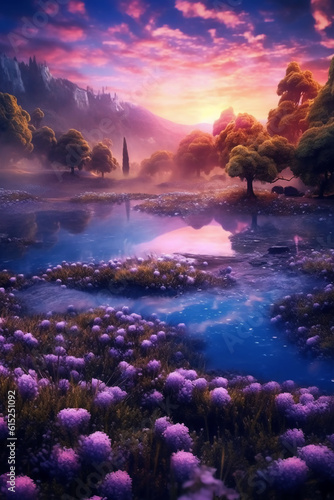 Dreamland's glowing lavender fields and iridescent forests bordering a serene. AI generative