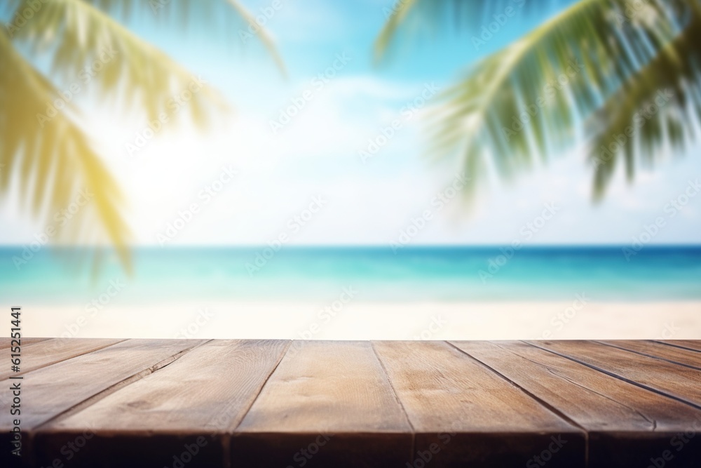 Top of wood table with seascape and palm leaves, blur bokeh light of calm sea and sky at tropical beach background,Generative ai	