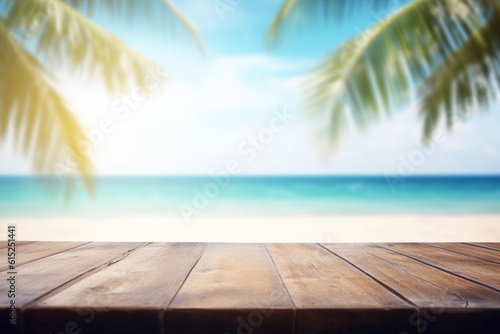 Top of wood table with seascape and palm leaves, blur bokeh light of calm sea and sky at tropical beach background,Generative ai 