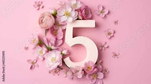 Illustration of a creative number 5, five, with spring flowers on a pink background